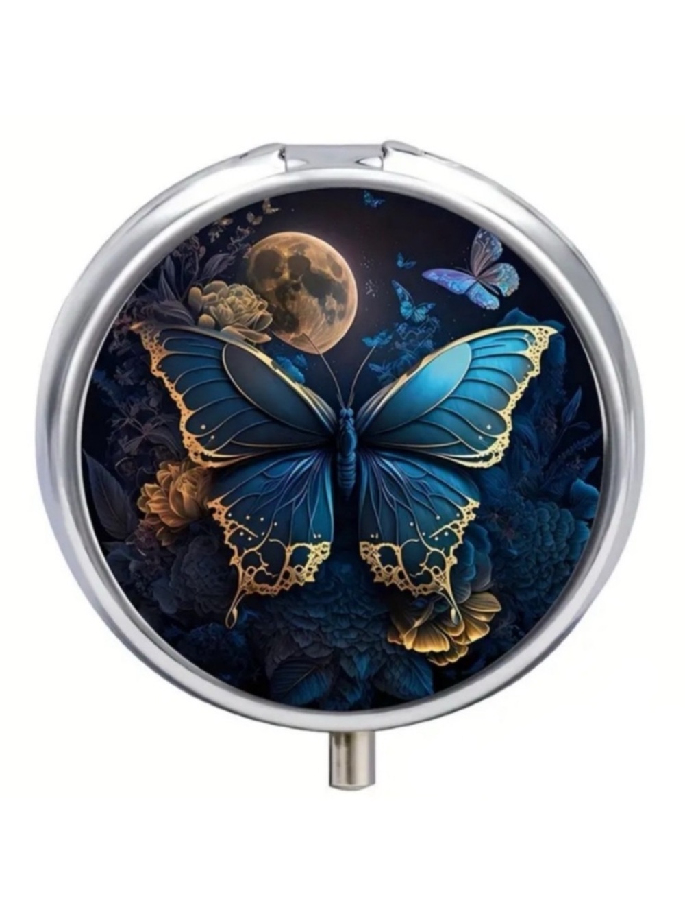 Blue Butterfly Moon Pill Box Celestial 3 Compartment Organizer